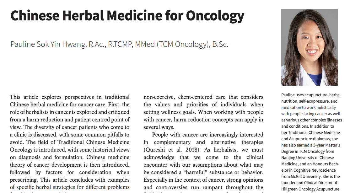 Screenshot of first page of journal article about Chinese herbs for cancer. The article is called Chinese Herbal Medicine for Oncology