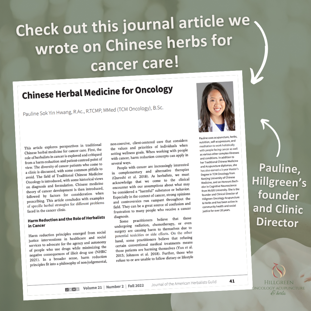 Image shows a shot of the first page of a journal article with the words "Check out this journal article we wrote on Chinese herbs for cancer care!"